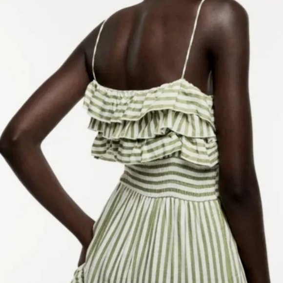 ZARA GREEN WHITE SPAGHETTI STRAP STRIPED MIDI TIERED RUFFLE DRESS - Picture 3 of 5